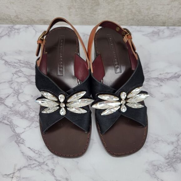 Marc Jacobs Y2K Chunky Heeled Pony Hair Leather Sandals Crystal Rhinestones - Picture 2 of 12